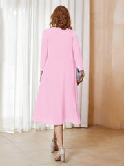 Robe de A-ligne en Mousseline à Manches Longues avec Veste Rose Bonbon Grande Taille