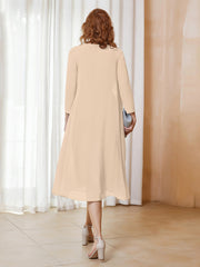 Robe de A-ligne en Mousseline à Manches Longues avec Veste Champagne Grande Taille