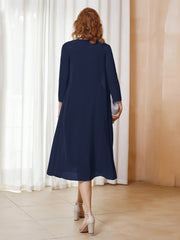 Robe de A-ligne en Mousseline à Manches Longues avec Veste Bleu Marine