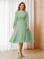 Robe de A-ligne en Mousseline à Manches Longues avec Veste Sauge Poudrée Grande Taille