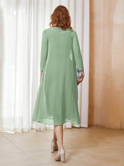Robe de A-ligne en Mousseline à Manches Longues avec Veste Sauge Poudrée Grande Taille