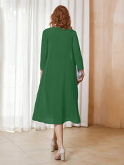 Robe de A-ligne en Mousseline à Manches Longues avec Veste Emeraude Grande Taille