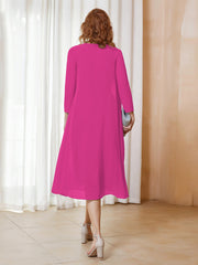 Robe de A-ligne en Mousseline à Manches Longues avec Veste Fuchsia