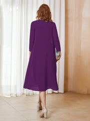 Robe de A-ligne en Mousseline à Manches Longues avec Veste Raisin