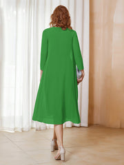 Robe de A-ligne en Mousseline à Manches Longues avec Veste Vert