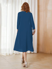 Robe de A-ligne en Mousseline à Manches Longues avec Veste Bleu Encre