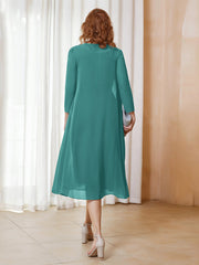 Robe de A-ligne en Mousseline à Manches Longues avec Veste Jade Grande Taille