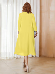 Robe de A-ligne en Mousseline à Manches Longues avec Veste Citron Grande Taille