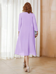 Robe de A-ligne en Mousseline à Manches Longues avec Veste Lilas