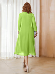 Robe de A-ligne en Mousseline à Manches Longues avec Veste Vert Citron