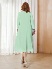 Robe de A-ligne en Mousseline à Manches Longues avec Veste Vert Menthe