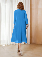 Robe de A-ligne en Mousseline à Manches Longues avec Veste Bleu Océan