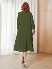 Robe de A-ligne en Mousseline à Manches Longues avec Veste Olive Verte