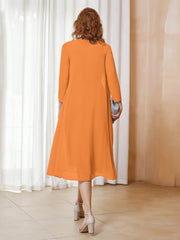 Robe de A-ligne en Mousseline à Manches Longues avec Veste Orange Grande Taille