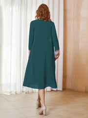 Robe de A-ligne en Mousseline à Manches Longues avec Veste Paon Grande Taille