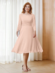 Robe de A-ligne en Mousseline à Manches Longues avec Veste Rose Perle Grande Taille