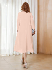 Robe de A-ligne en Mousseline à Manches Longues avec Veste Rose Perle