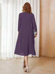 Robe de A-ligne en Mousseline à Manches Longues avec Veste Plum Grande Taille