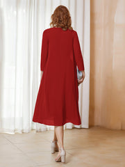 Robe de A-ligne en Mousseline à Manches Longues avec Veste Rouge