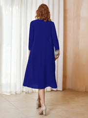 Robe de A-ligne en Mousseline à Manches Longues avec Veste Bleu Royale