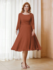 Robe de A-ligne en Mousseline à Manches Longues avec Veste Rouille Grande Taille