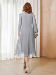 Robe de A-ligne en Mousseline à Manches Longues avec Veste Argent