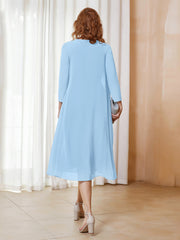 Robe de A-ligne en Mousseline à Manches Longues avec Veste Bleu Ciel
