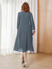 Robe de A-ligne en Mousseline à Manches Longues avec Veste Bleu de Schiste