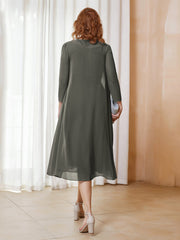 Robe de A-ligne en Mousseline à Manches Longues avec Veste Gris Acier