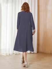 Robe de A-ligne en Mousseline à Manches Longues avec Veste Orageux Grande Taille