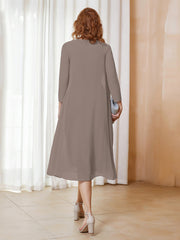 Robe de A-ligne en Mousseline à Manches Longues avec Veste Taupe