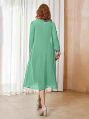 Robe de A-ligne en Mousseline à Manches Longues avec Veste Turquoise Grande Taille
