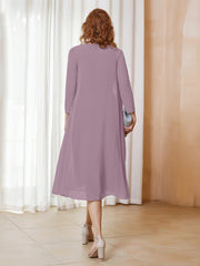 Robe de A-ligne en Mousseline à Manches Longues avec Veste Vintage Mauve Grande Taille