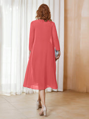 Robe de A-ligne en Mousseline à Manches Longues avec Veste Pastèque