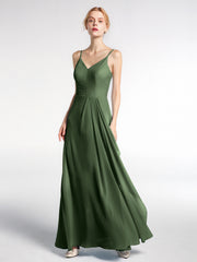Robe Longue Simple en Mousseline à Col en V Et Bretelles Spaghetti Olive Verte