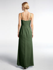 Robe Longue Simple en Mousseline à Col en V Et Bretelles Spaghetti Olive Verte