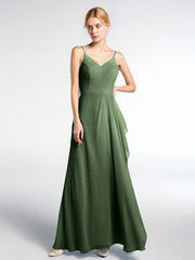Robe Longue Simple en Mousseline à Col en V Et Bretelles Spaghetti Olive Verte