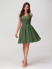 Licou Col en V Mousseline Robe Demoiselle d'honneures Courtes Olive Verte