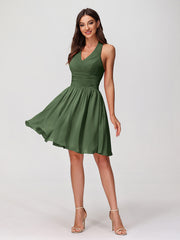 Licou Col en V Mousseline Robe Demoiselle d'honneures Courtes Olive Verte