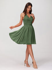 Licou Col en V Mousseline Robe Demoiselle d'honneures Courtes Olive Verte