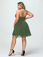 Licou Col en V Mousseline Robe Demoiselle d'honneures Courtes Olive Verte Grande Taille