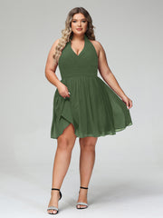 Licou Col en V Mousseline Robe Demoiselle d'honneures Courtes Olive Verte Grande Taille