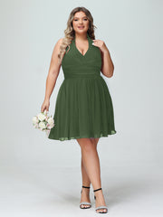 Licou Col en V Mousseline Robe Demoiselle d'honneures Courtes Olive Verte Grande Taille