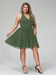 Licou Col en V Mousseline Robe Demoiselle d'honneures Courtes Olive Verte Grande Taille