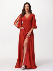Profond Col En V Mousseline Robes Avec Fente Rouille