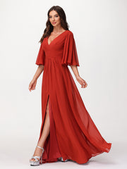 Profond Col En V Mousseline Robes Avec Fente Rouille Grande Taille