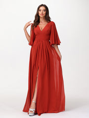 Profond Col En V Mousseline Robes Avec Fente Rouille