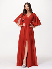 Profond Col En V Mousseline Robes Avec Fente Rouille