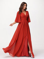Profond Col En V Mousseline Robes Avec Fente Rouille