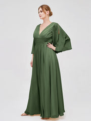 Profond Col En V Mousseline Robes Avec Fente Olive Verte Grande Taille